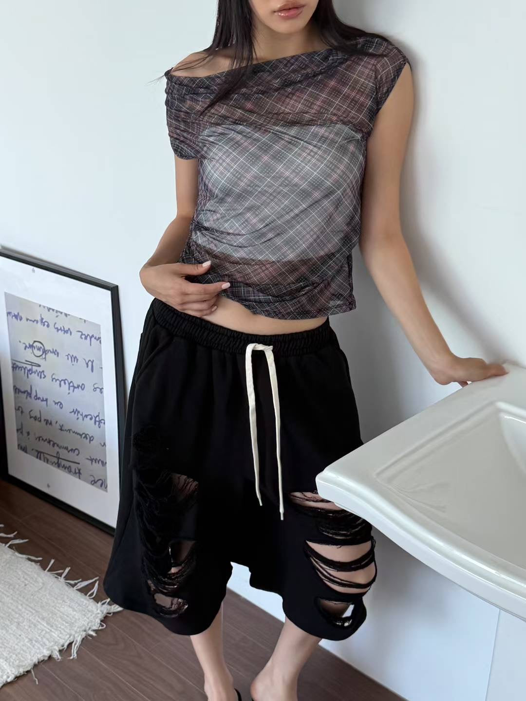See through checked special top