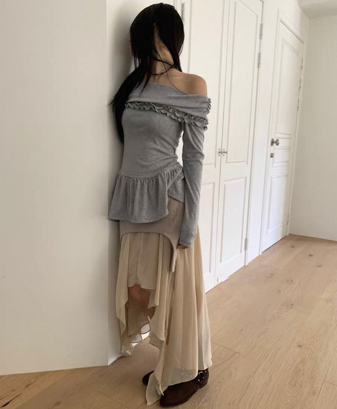 Off shoulder ruffle layer top