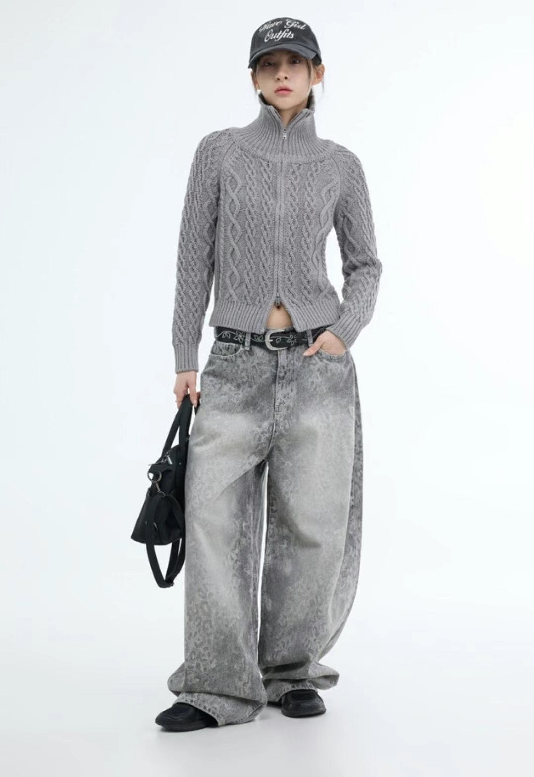 Grey white leopard print pants