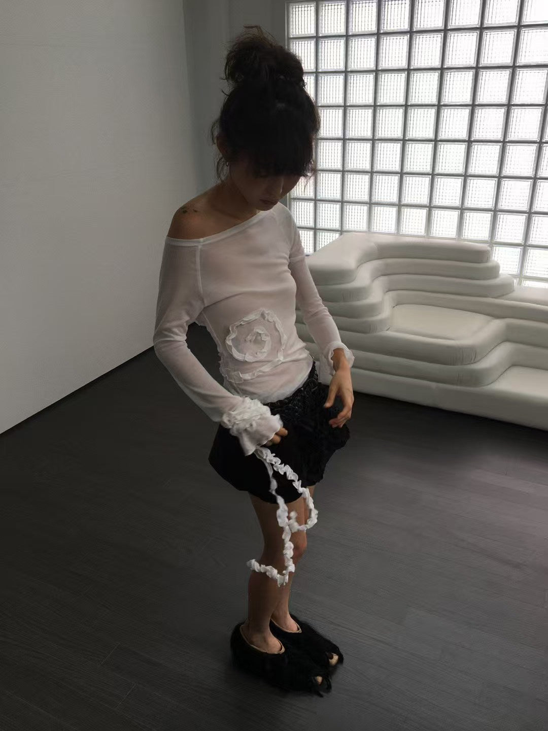 Ruffle flower scarf top set