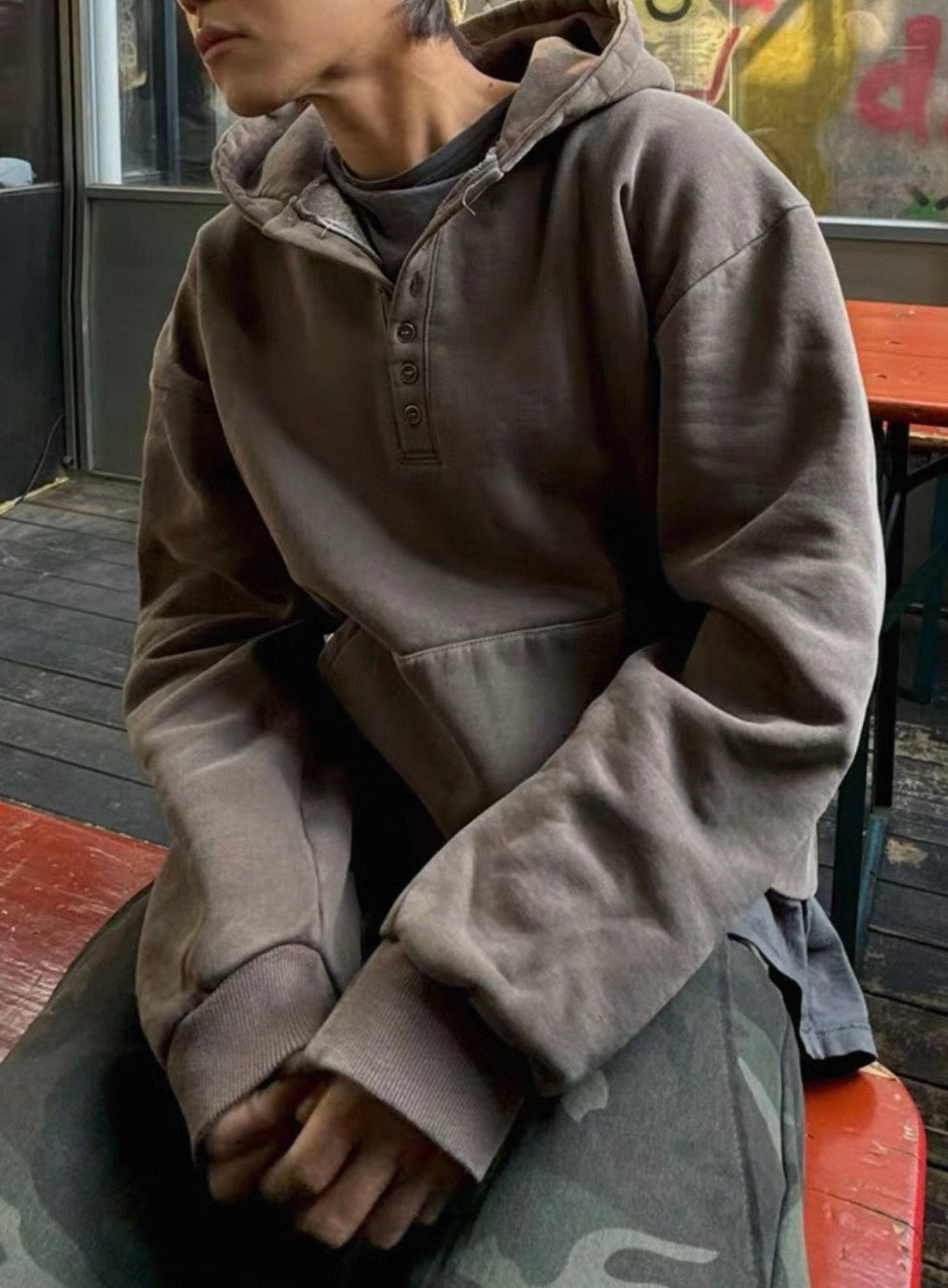 Unisex washed button hoodie