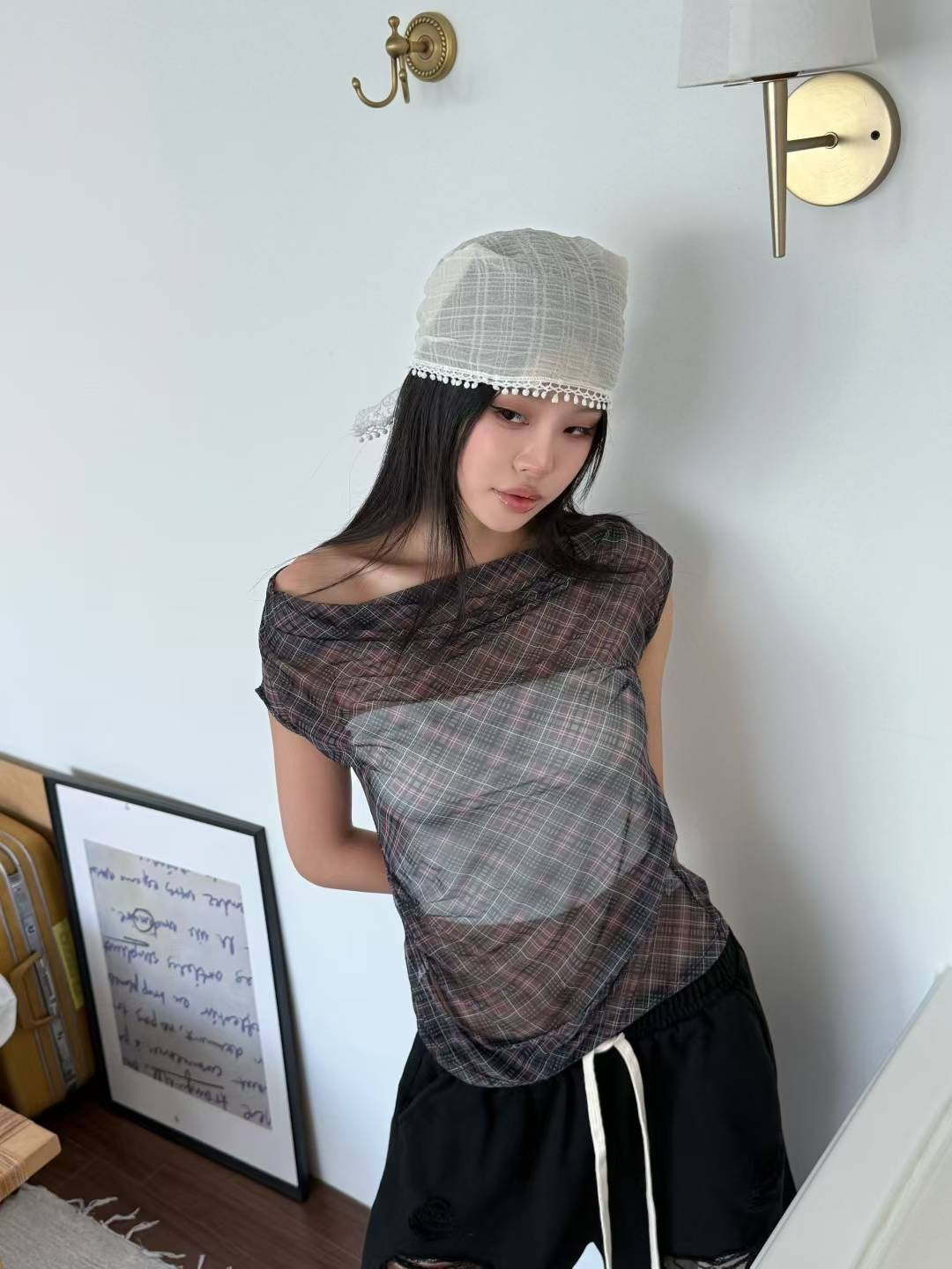 See through checked special top