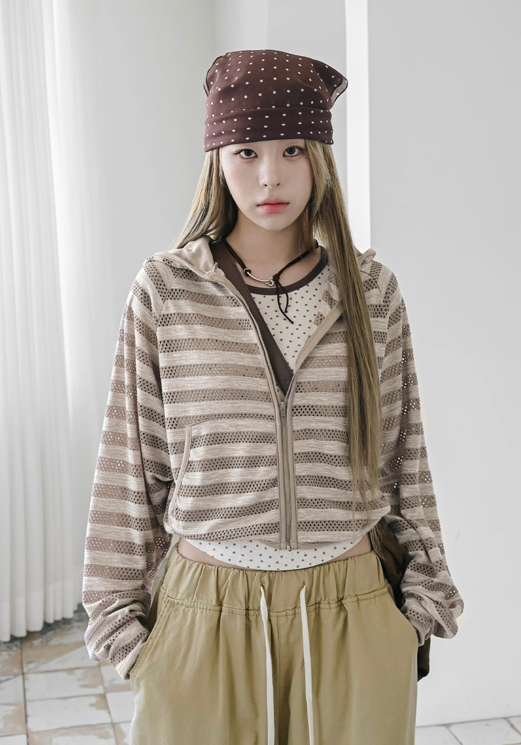 Striped net crop jacket