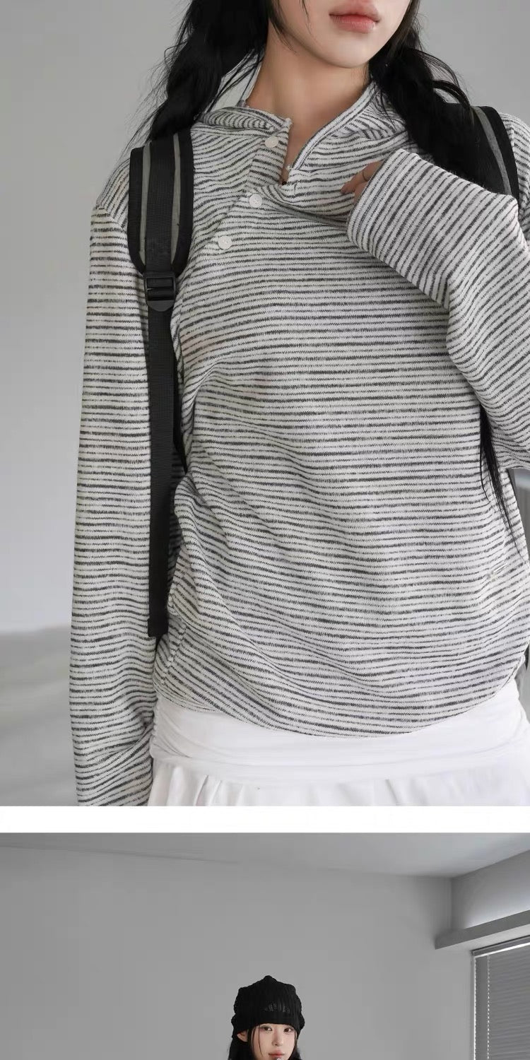 Unisex 斜鈕間條hoodie