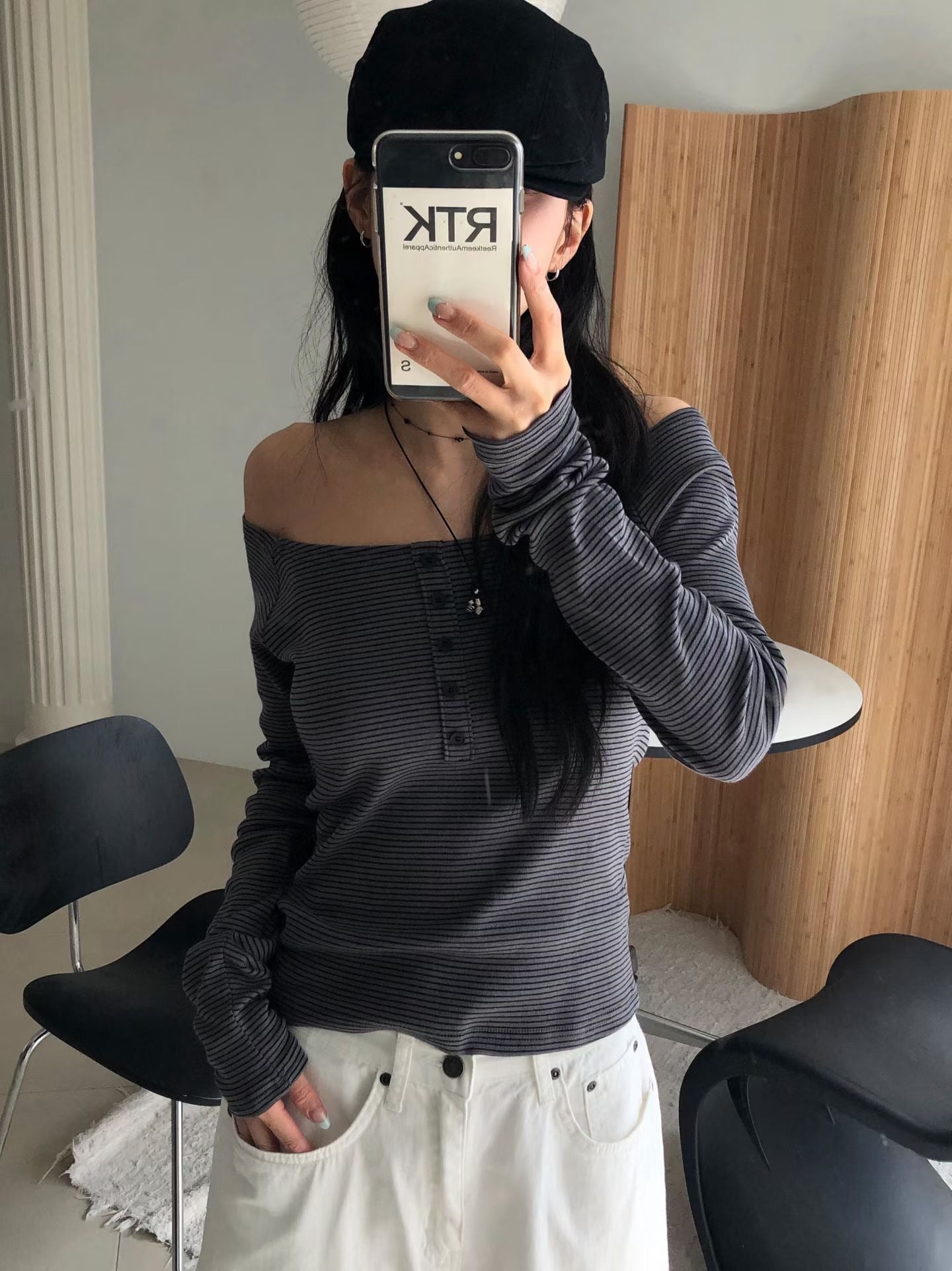 Striped off shoulder scarf top set