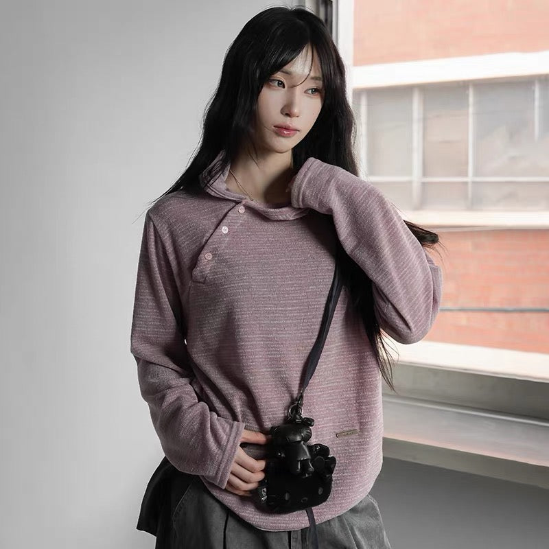 Unisex 斜鈕間條hoodie