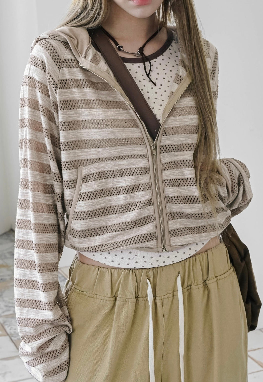 Striped net crop jacket