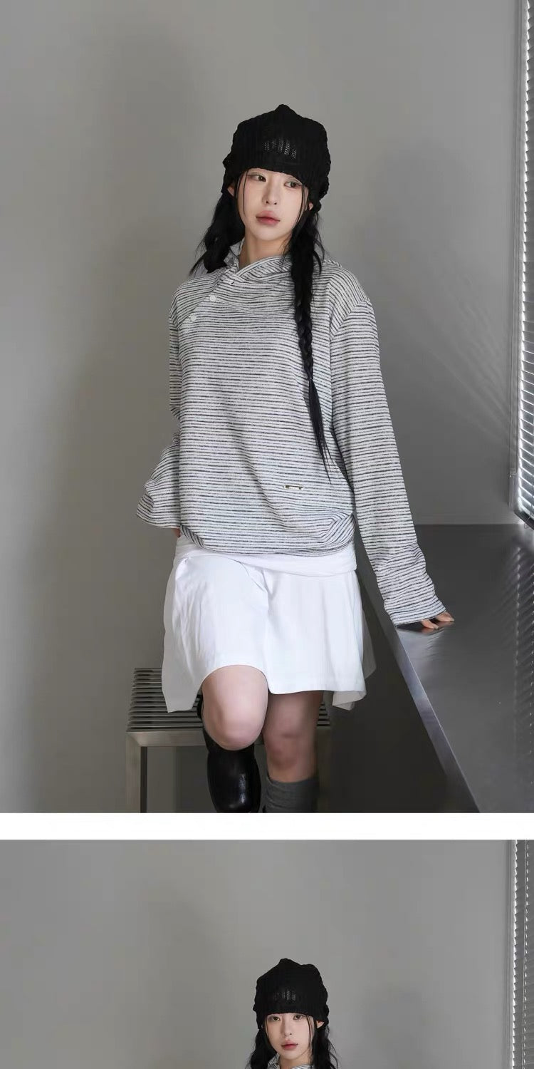 Unisex 斜鈕間條hoodie