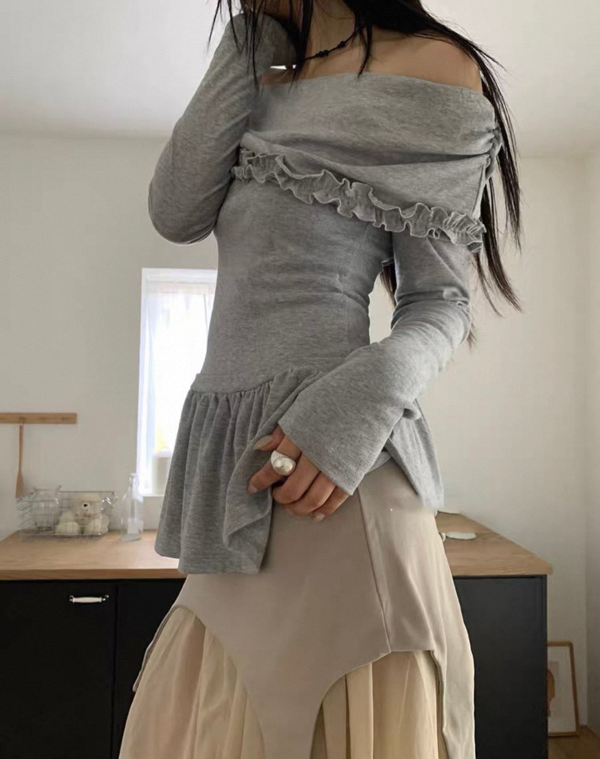 Off shoulder ruffle layer top