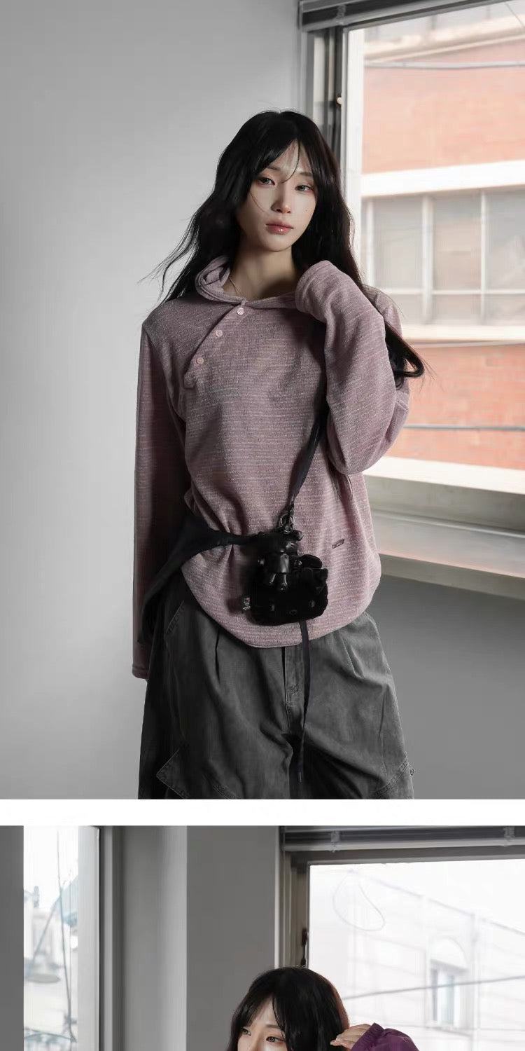 Unisex 斜鈕間條hoodie