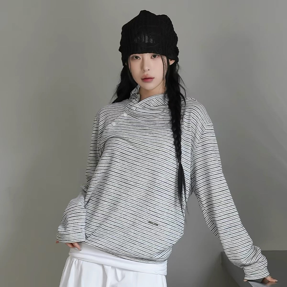 Unisex 斜鈕間條hoodie