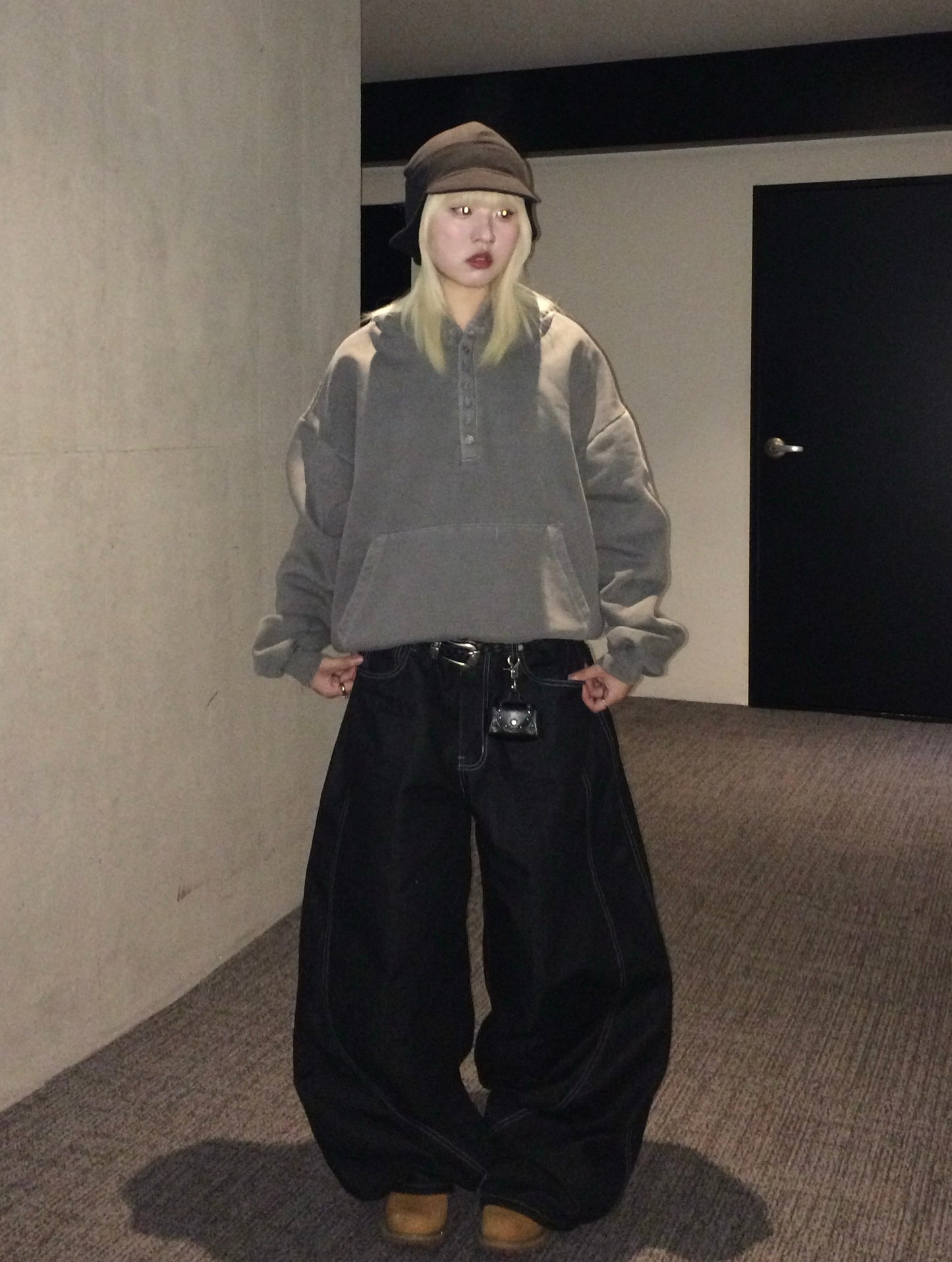 Unisex washed button hoodie