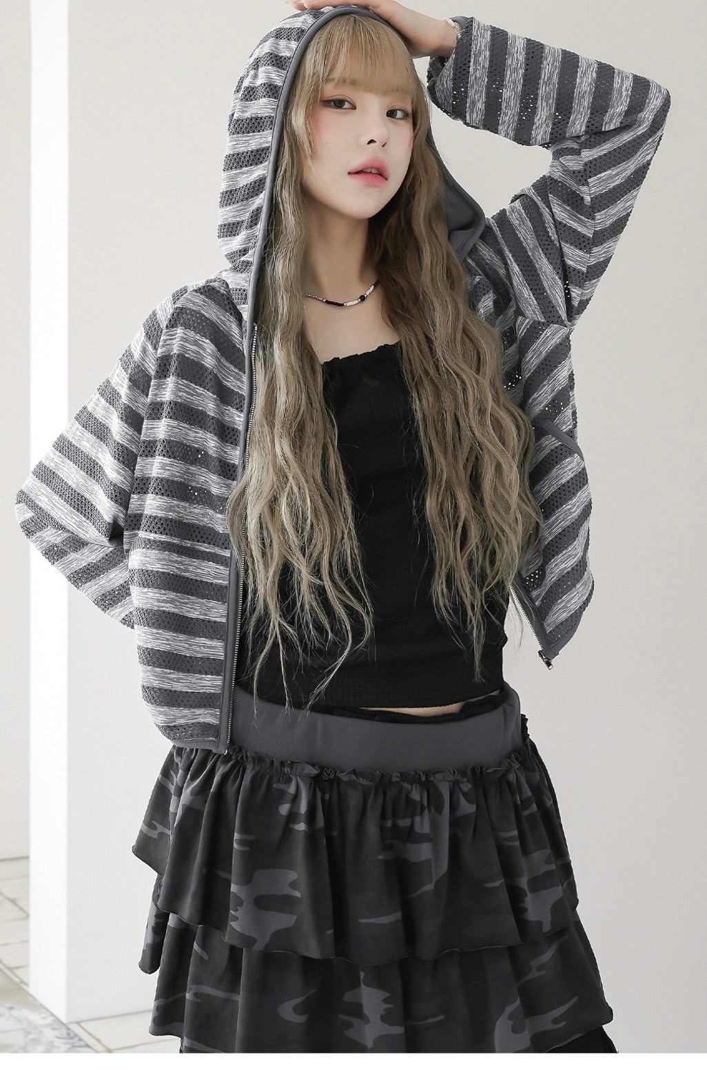 Striped net crop jacket