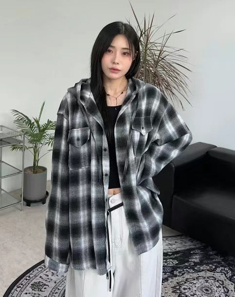 Unisex hooded checked shirt