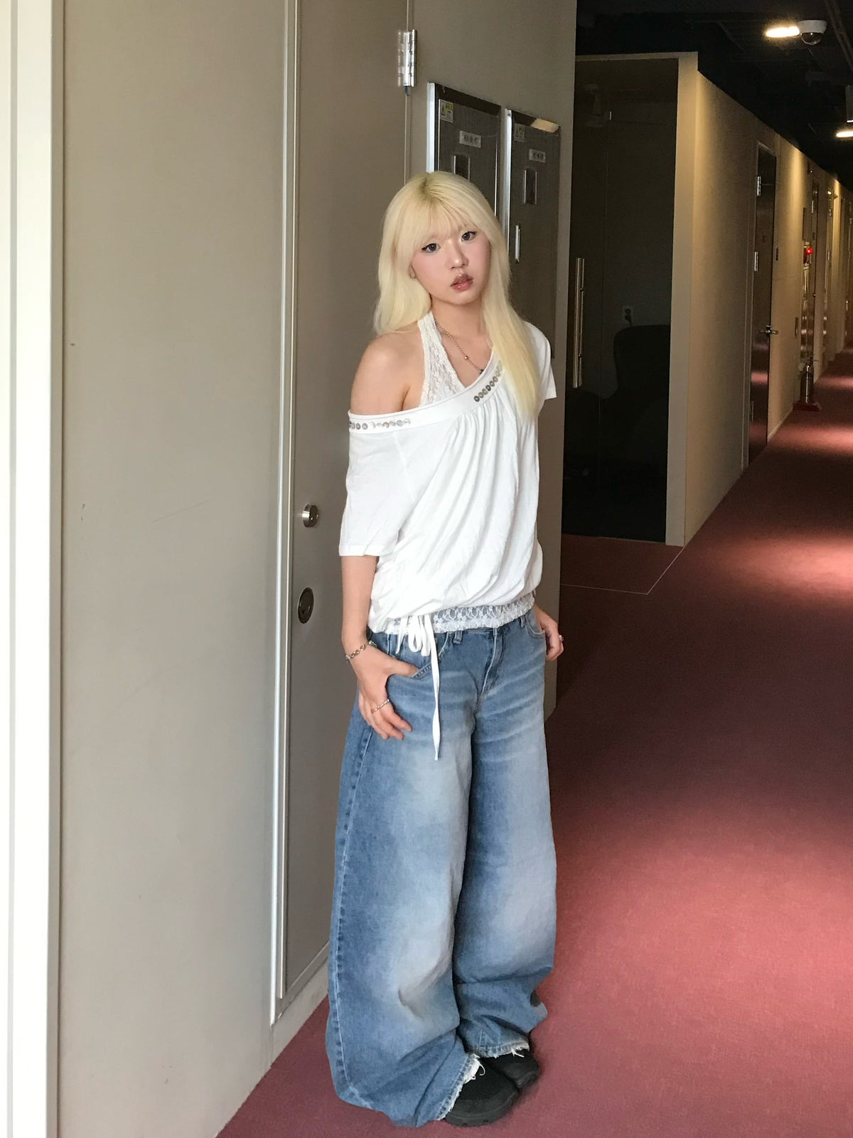 Button off shoulder top