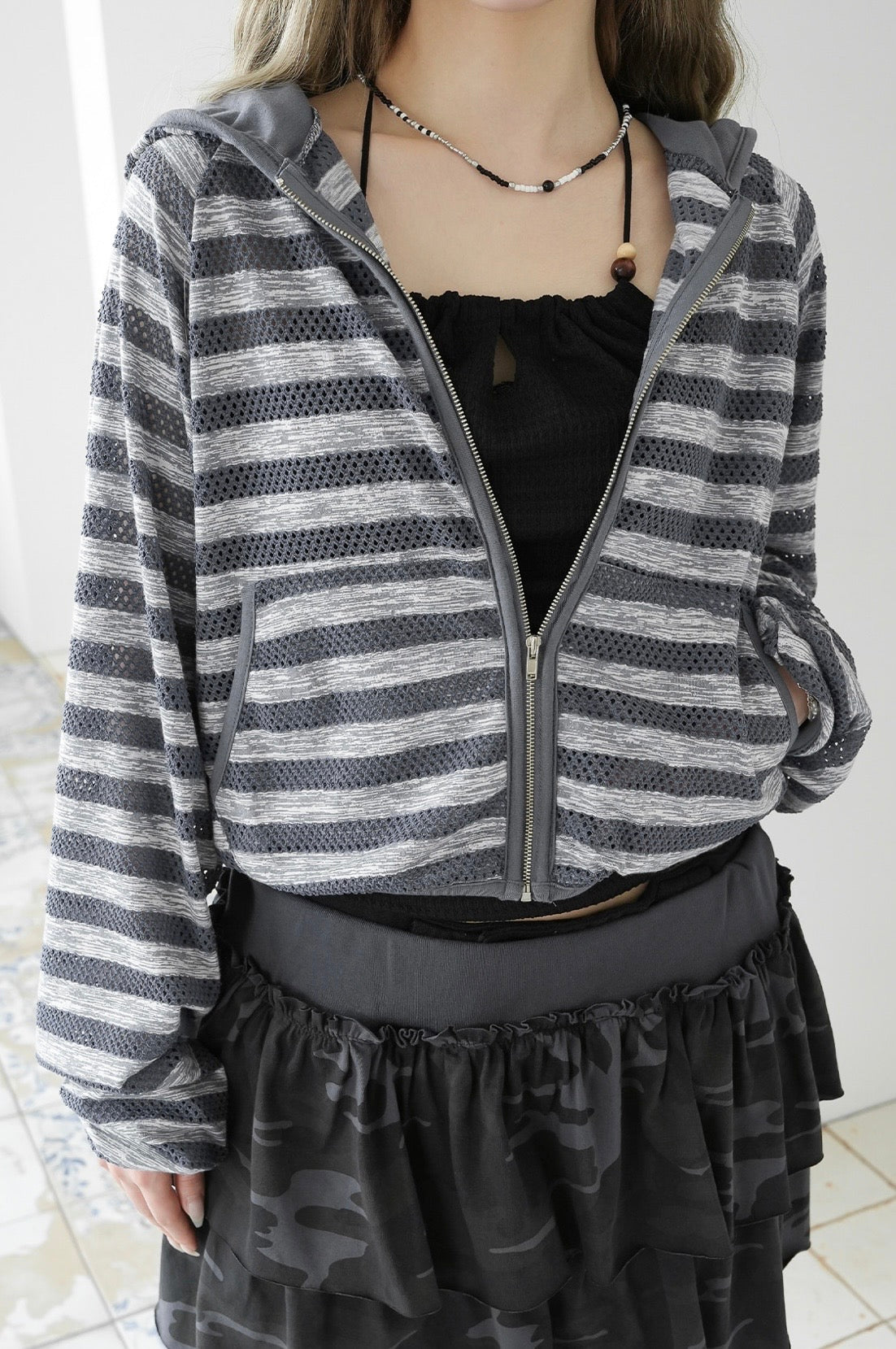 Striped net crop jacket