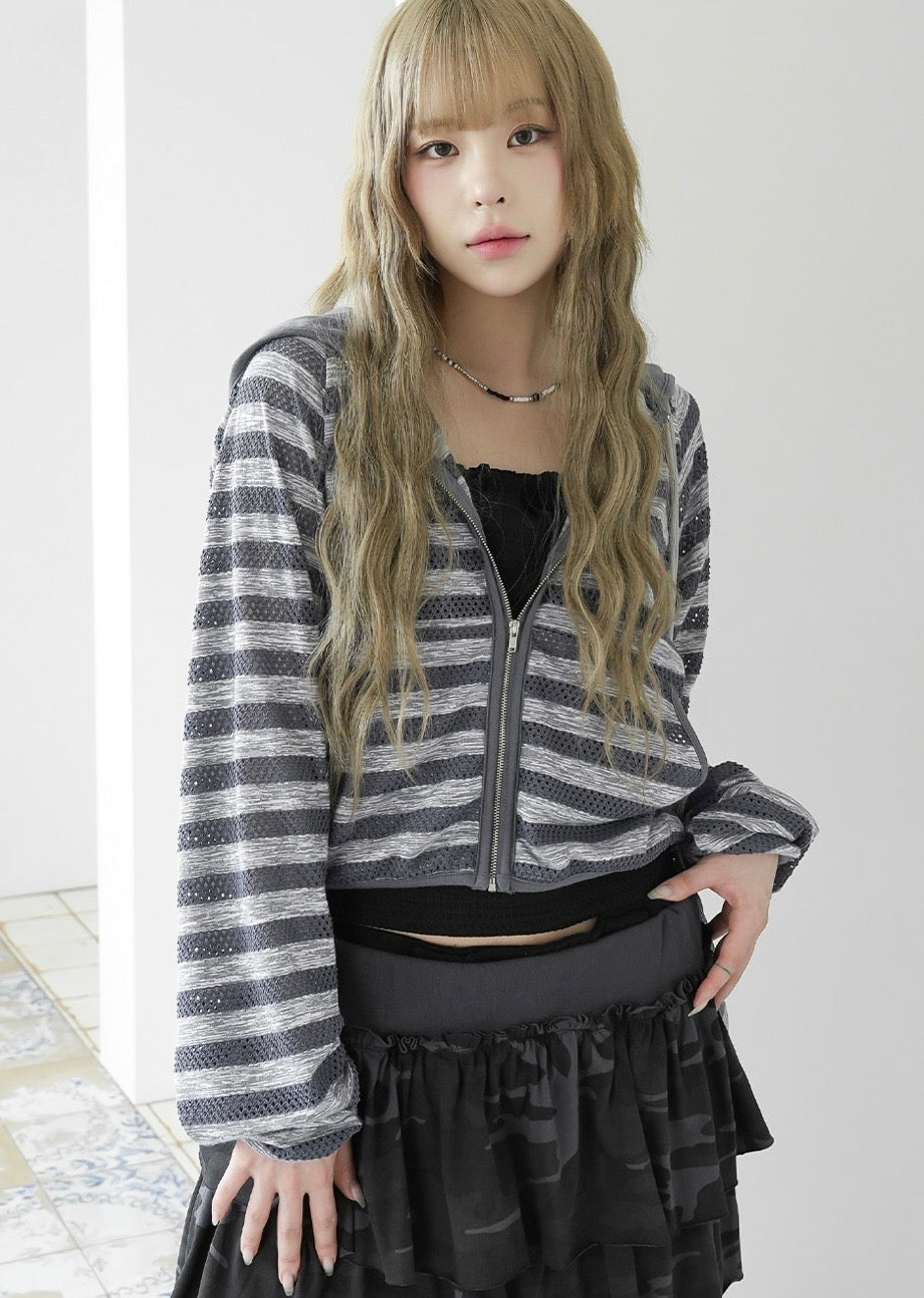 Striped net crop jacket