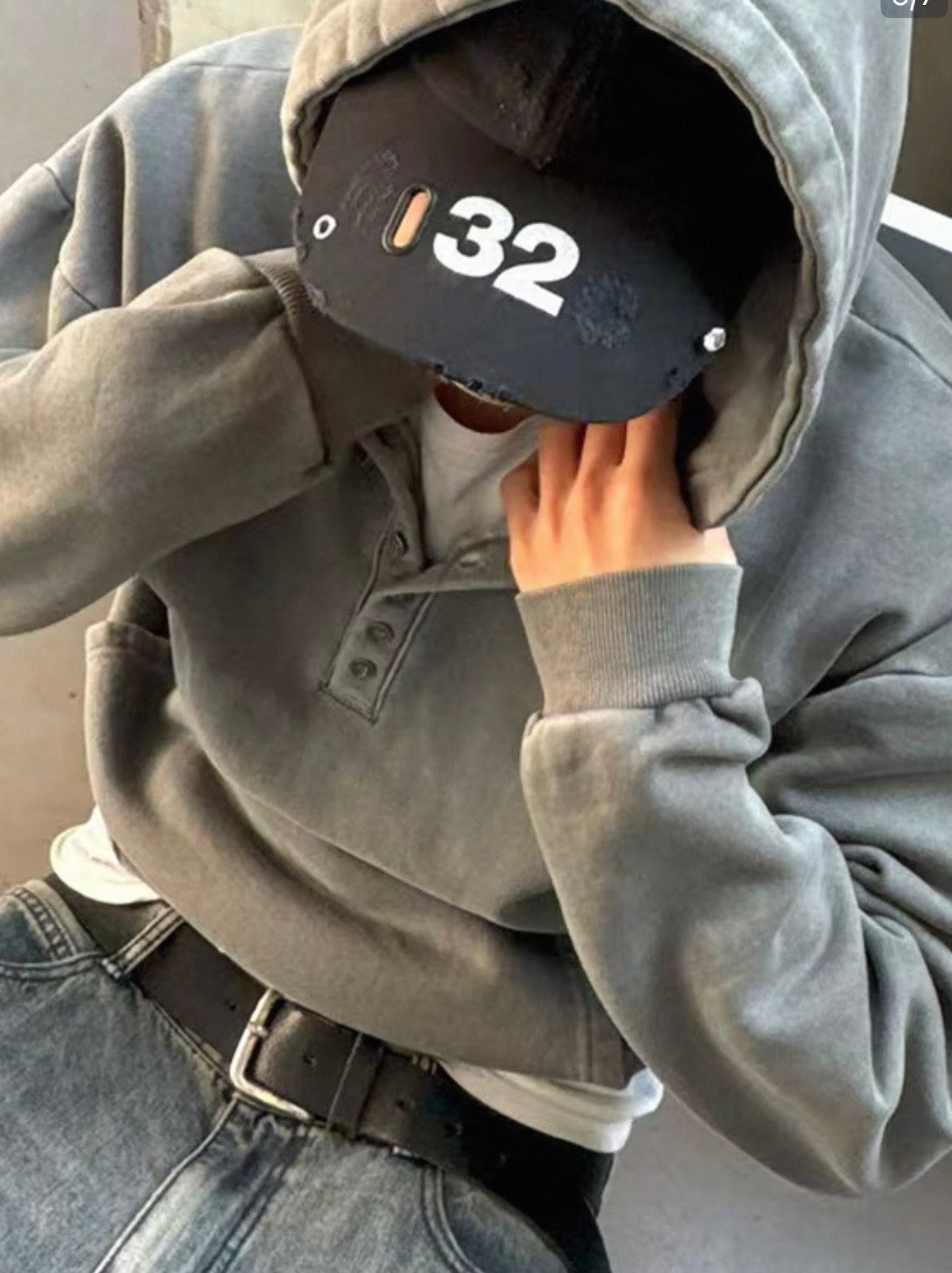 Unisex washed button hoodie