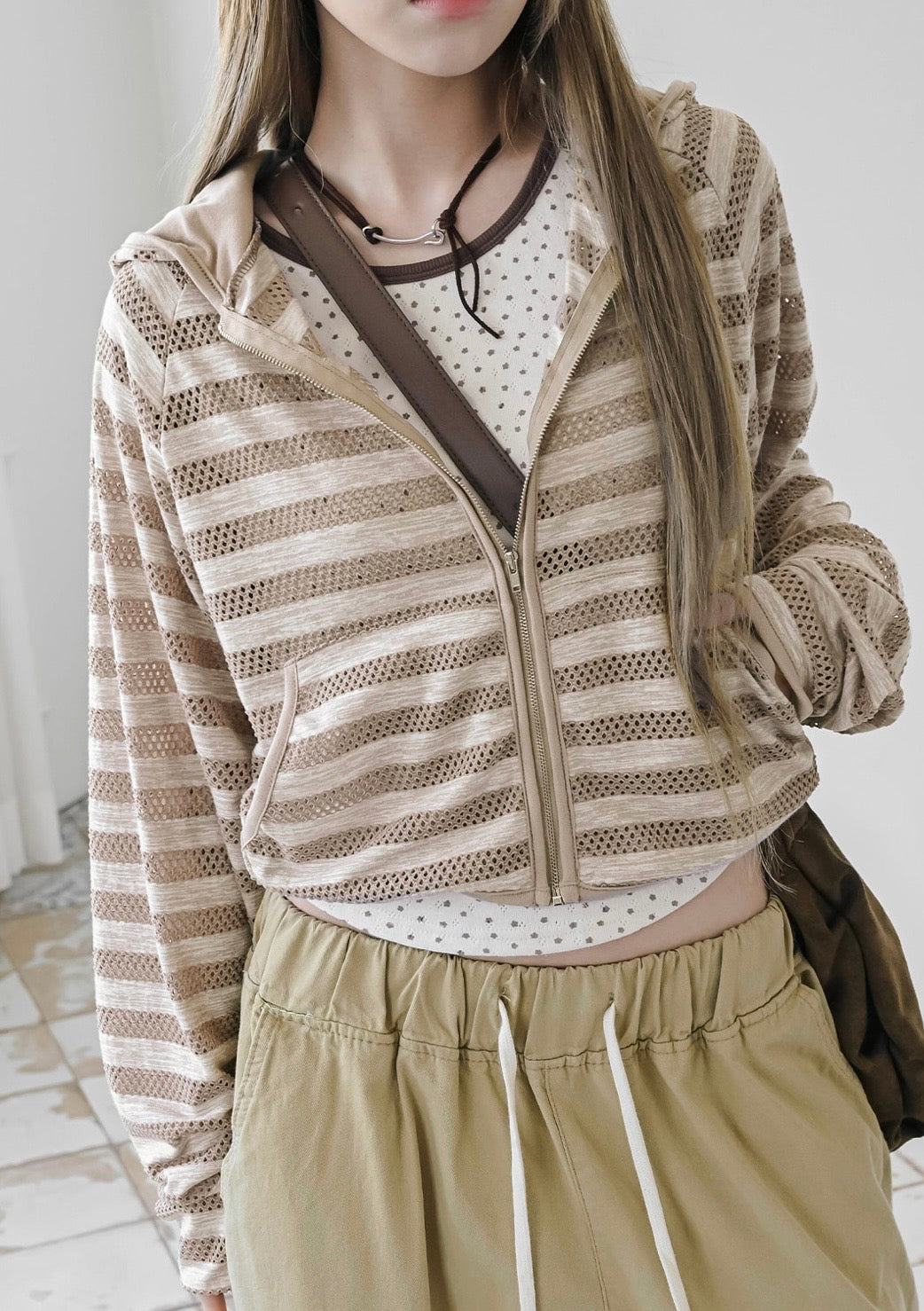 Striped net crop jacket