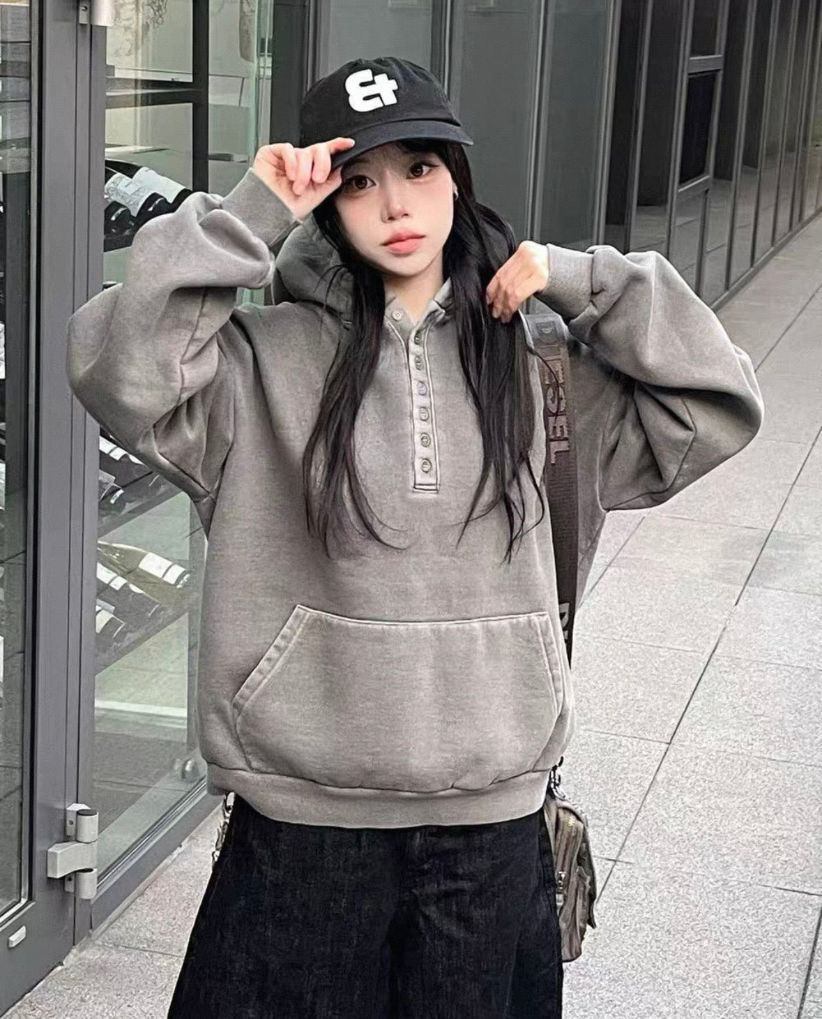 Unisex washed button hoodie