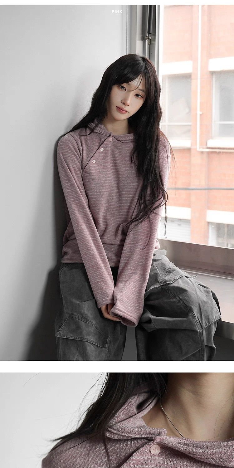 Unisex 斜鈕間條hoodie