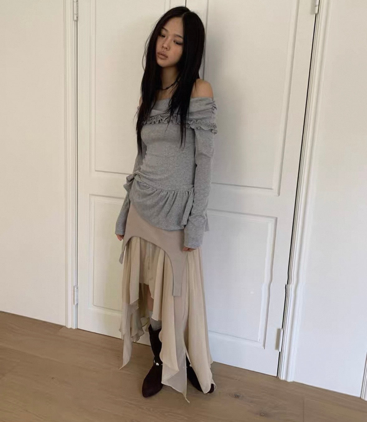 Off shoulder ruffle layer top