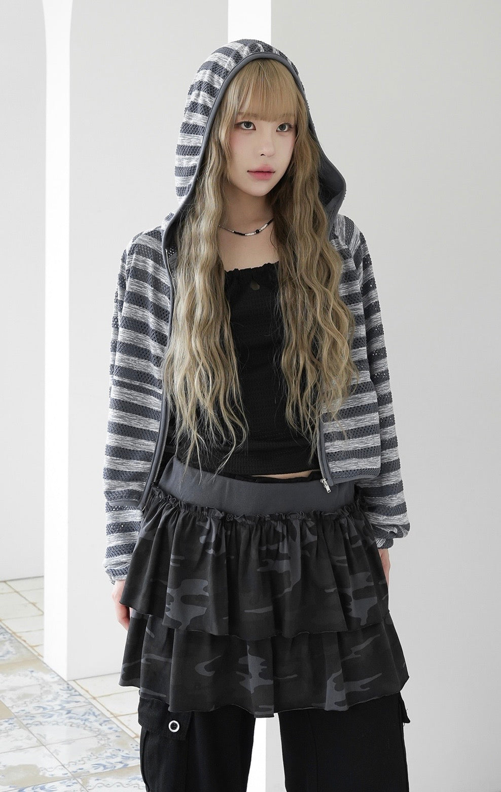 Striped net crop jacket