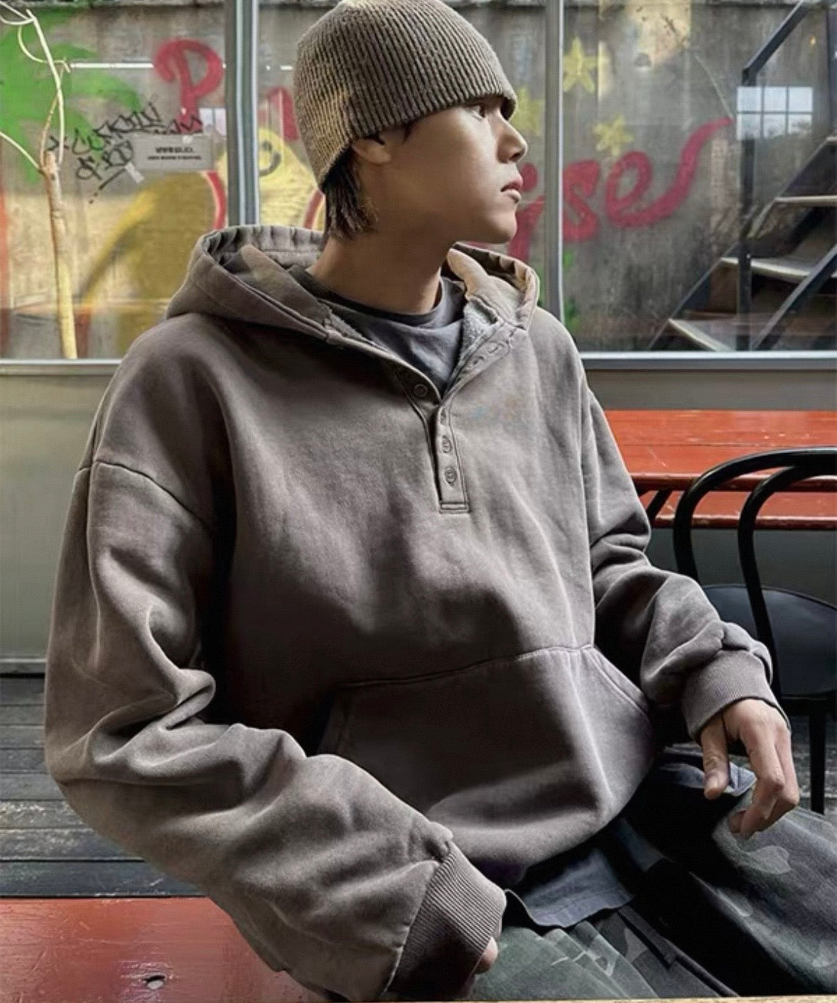 Unisex washed button hoodie