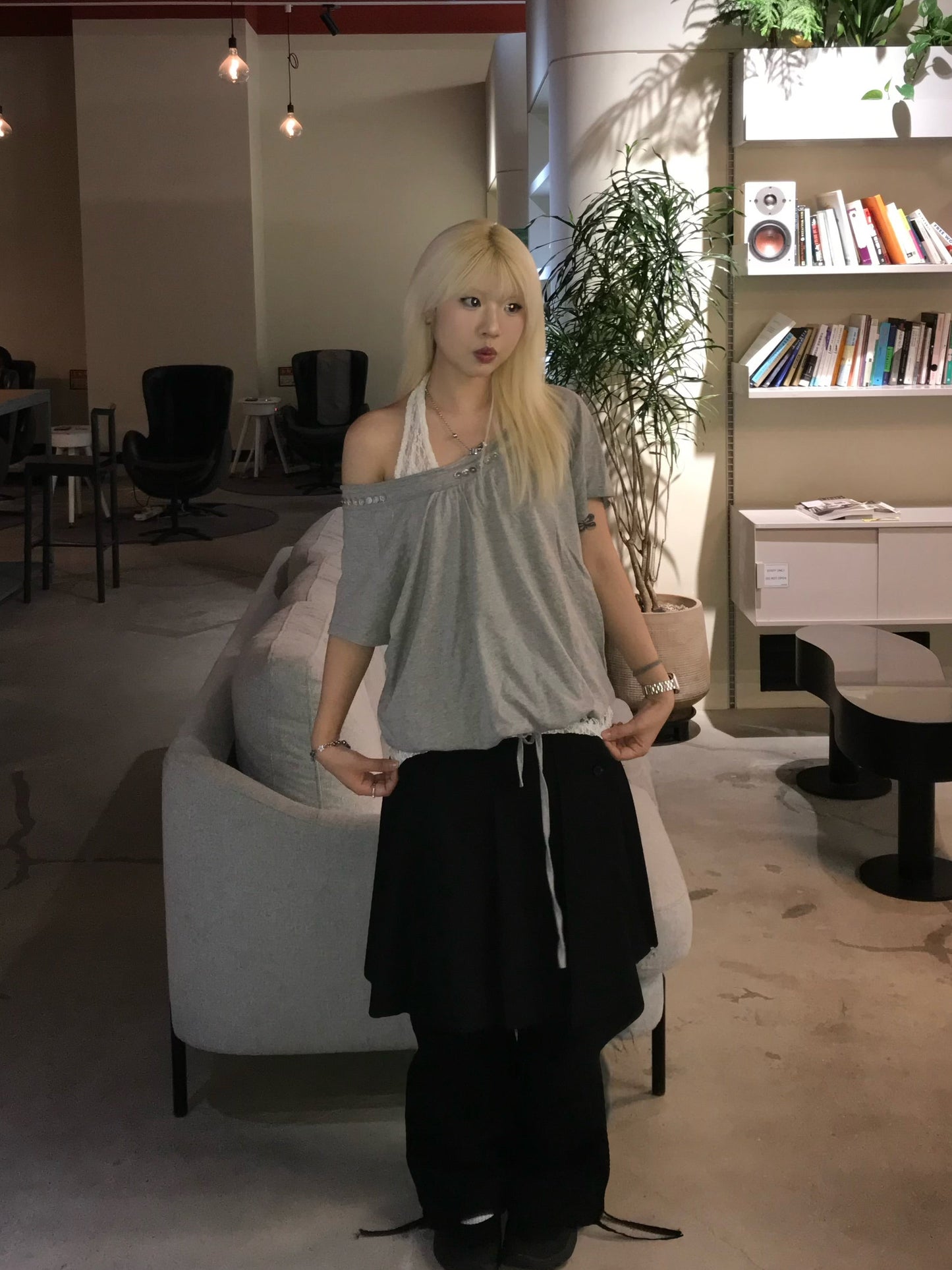 Button off shoulder top