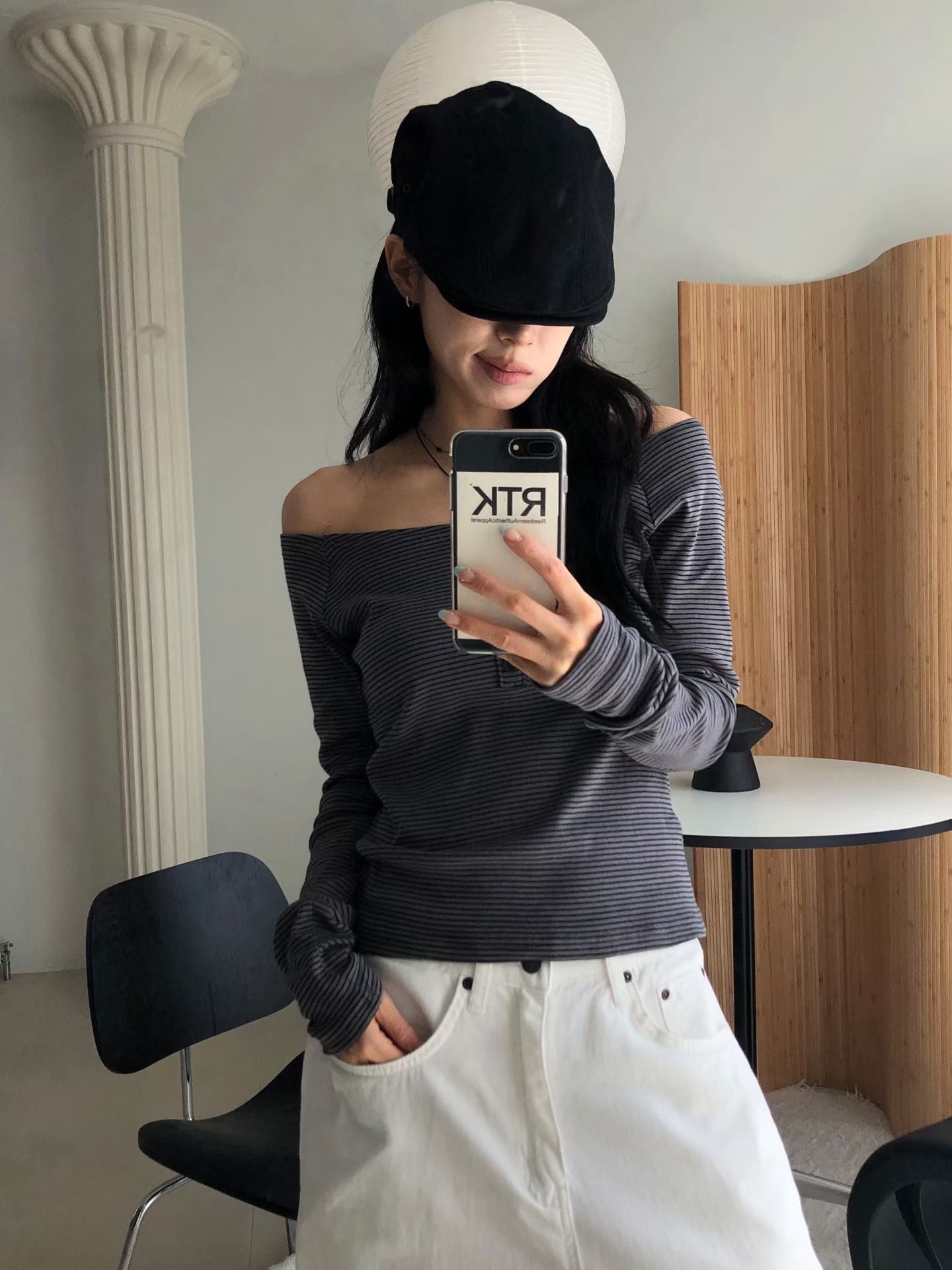 Striped off shoulder scarf top set
