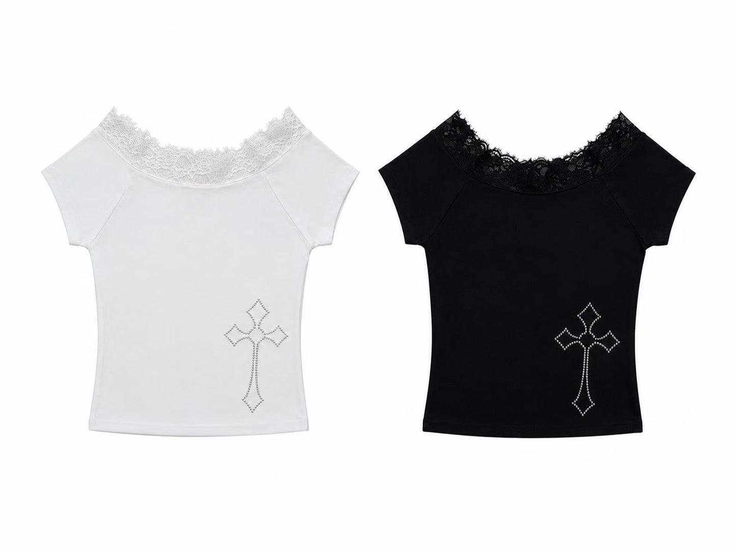 Lace off shoulder cross tee